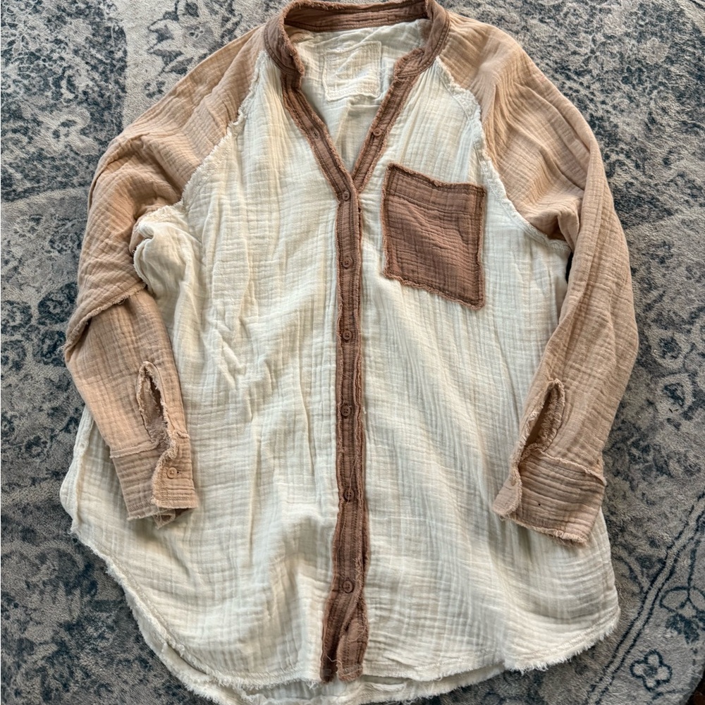 Aerie Button Down Shirt in cream and Khaki with Sporty Color-Blocking